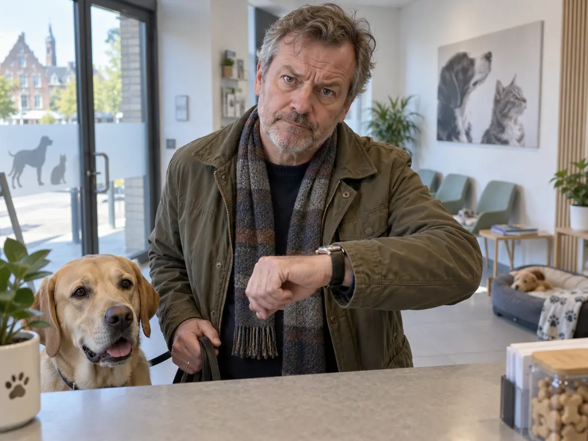 Un client et son chien se présentent à l’accueil d’une clinique vétérinaire.